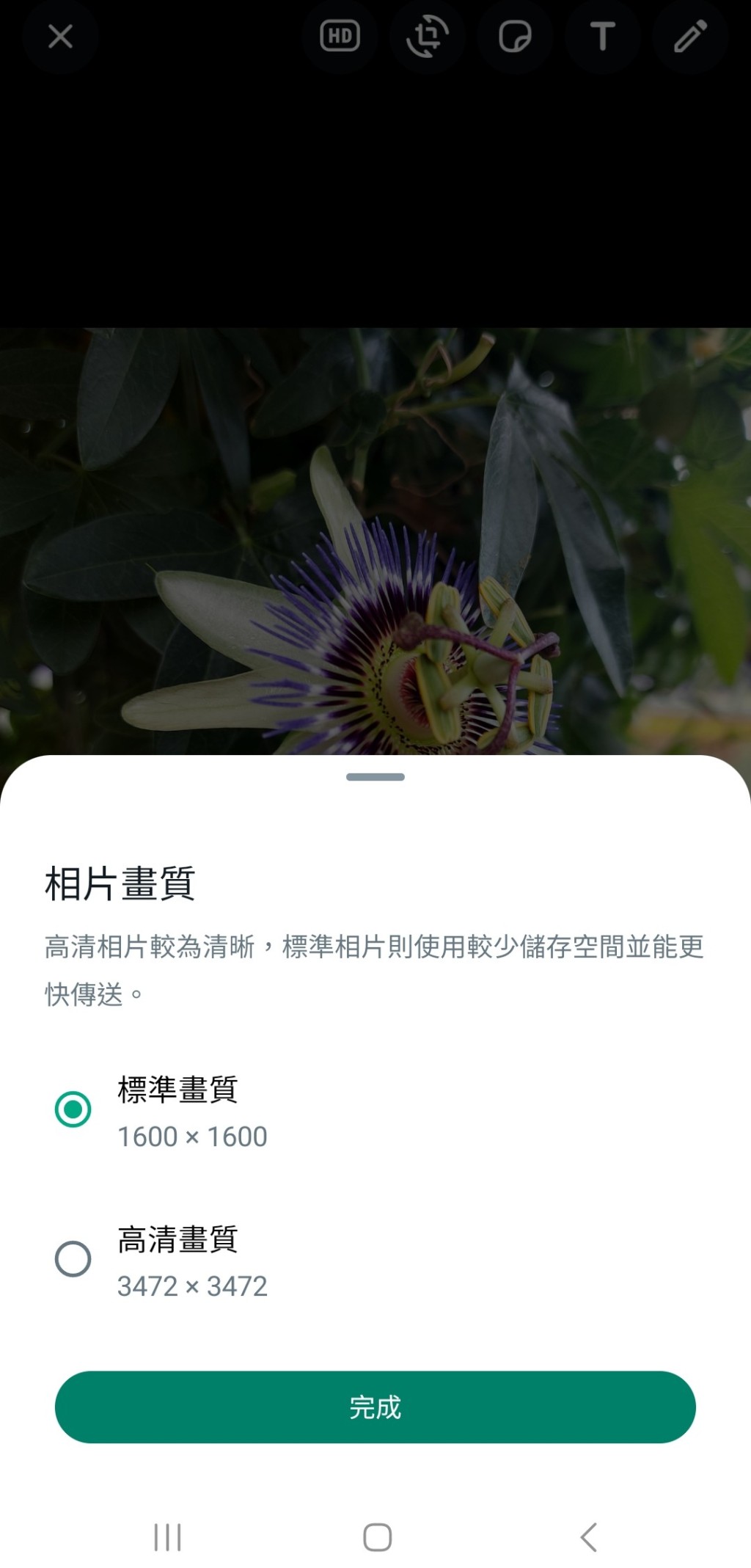 WhatsApp新功能｜WhatsApp高清相片传送使用方法 点击「HD」按扭，画面会出现相片画质选择，包括「标准画质」或「高清画质」；