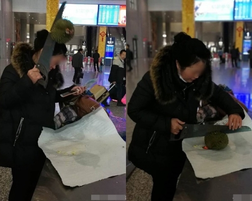 該女子隨即向在場人員借來鋸刀，即場鋸開榴槤並全部吃掉。網圖