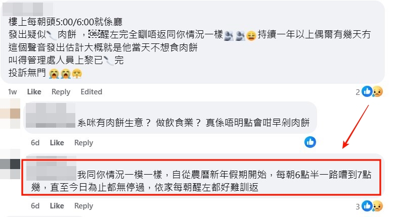 facebook截圖（資料來源：UnforgettableGoose3377＠facebook樓上噪音苦主大聯盟（香港））