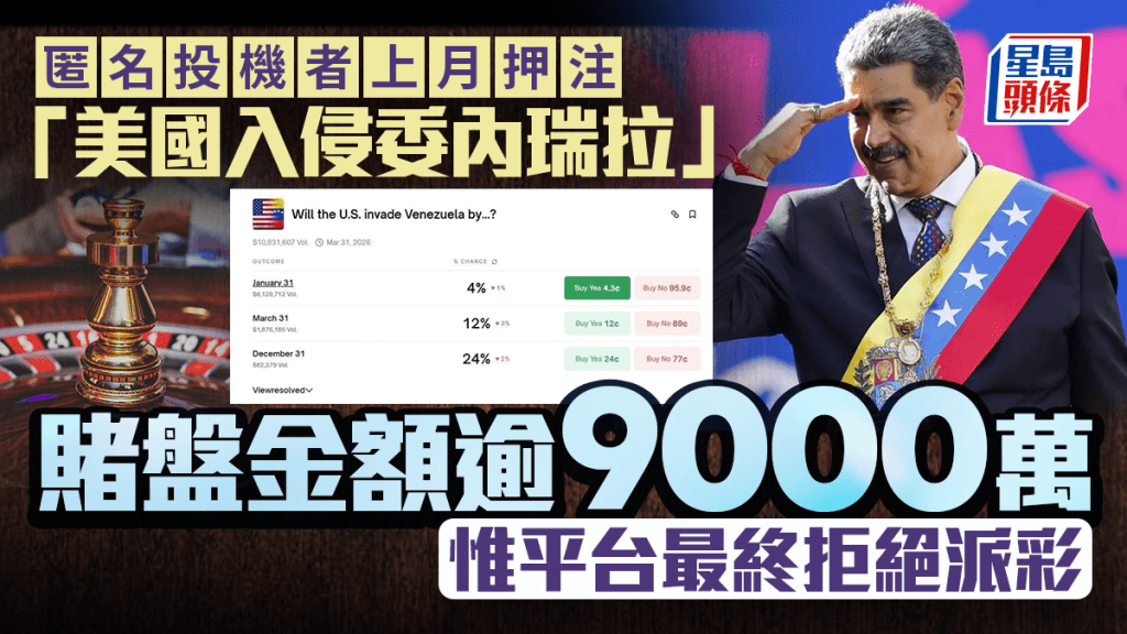 匿名投機者上月早押注「美國入侵委內瑞拉」 賭盤金額逾9000萬 惟平台最終拒絕派彩