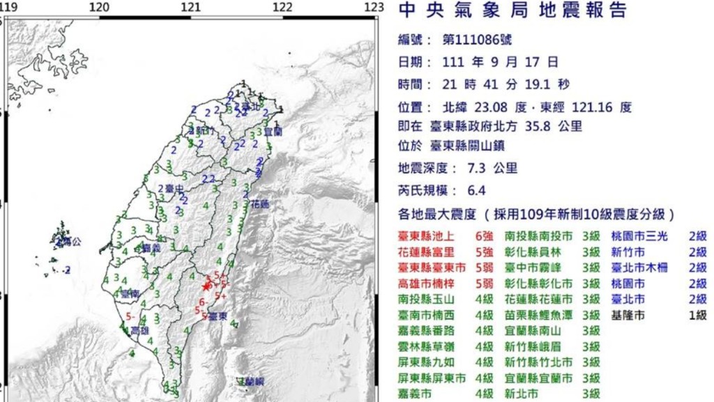 台東昨日發生6.4級地震。圖:台灣中央氣象局