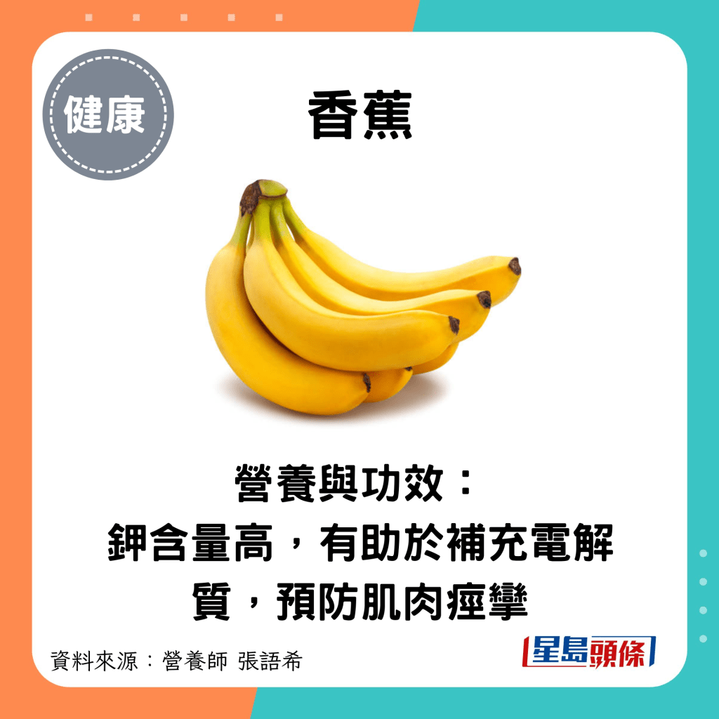 香蕉：营养与功效： 钾含量高，有助于补充电解质，预防肌肉痉挛