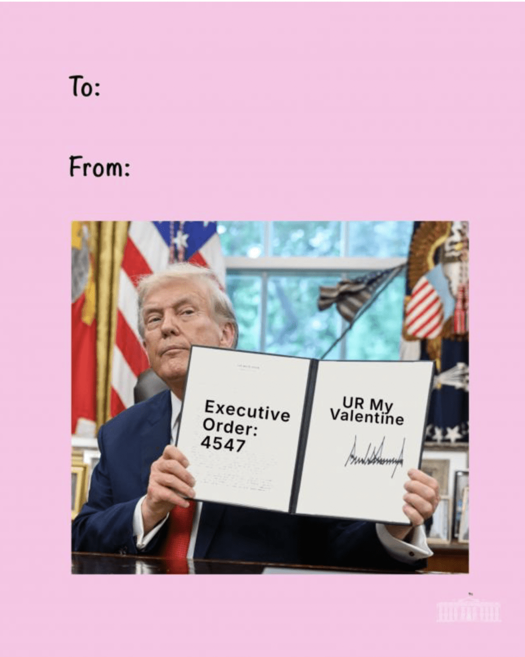 白宮還發布以行政文件為主題的賀卡,刻意標出「第4547號行政令,你是我的情人(UR my Valentine)」等文字,但實際上並無該號行政令簽署紀錄。 白宮還發布以行政文件為主題的賀卡,刻意標出「第4547號行政令,你是我的情人(UR my Valentine)」等文字,但實際上並無該號行政令簽署紀錄。