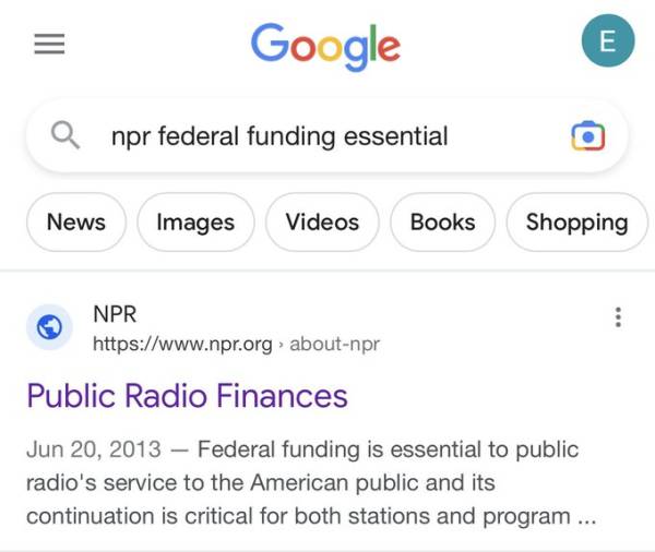 马斯克晒出Google快照，指NPR自己宣掦政府资金的重要性。