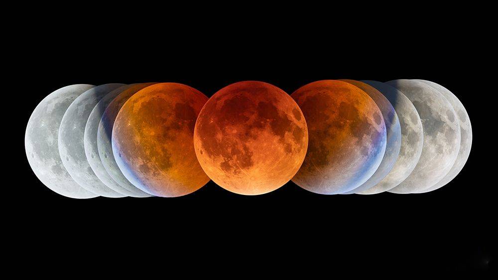 2025年9月8日凌晨，在福建省福州市海峽文化藝術中心拍攝的月全食變化過程。 新華社