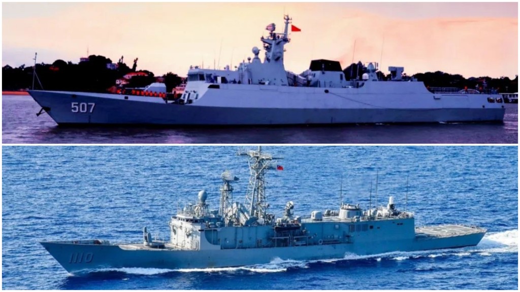 大陸「銅仁艦」(上)和台灣「田單號」軍艦近日相遇。