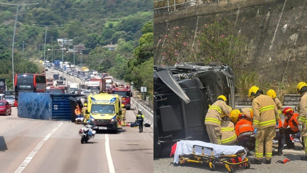 屯門公路貨櫃車撼消防車後翻側 司機昏迷送院｜有片