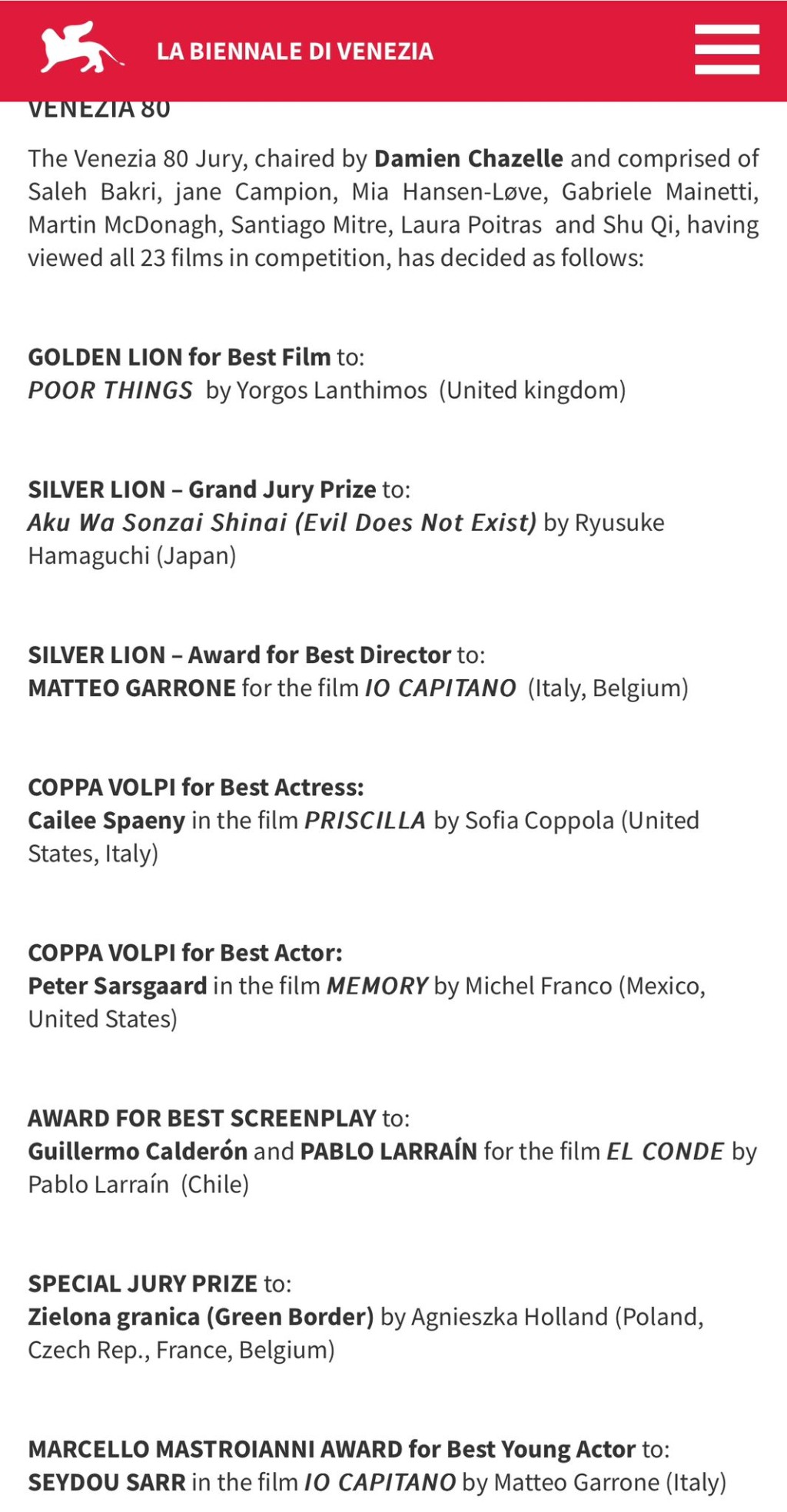 今届威尼斯电影节获奖名单，该片榜上无名。 威尼斯电影节官网