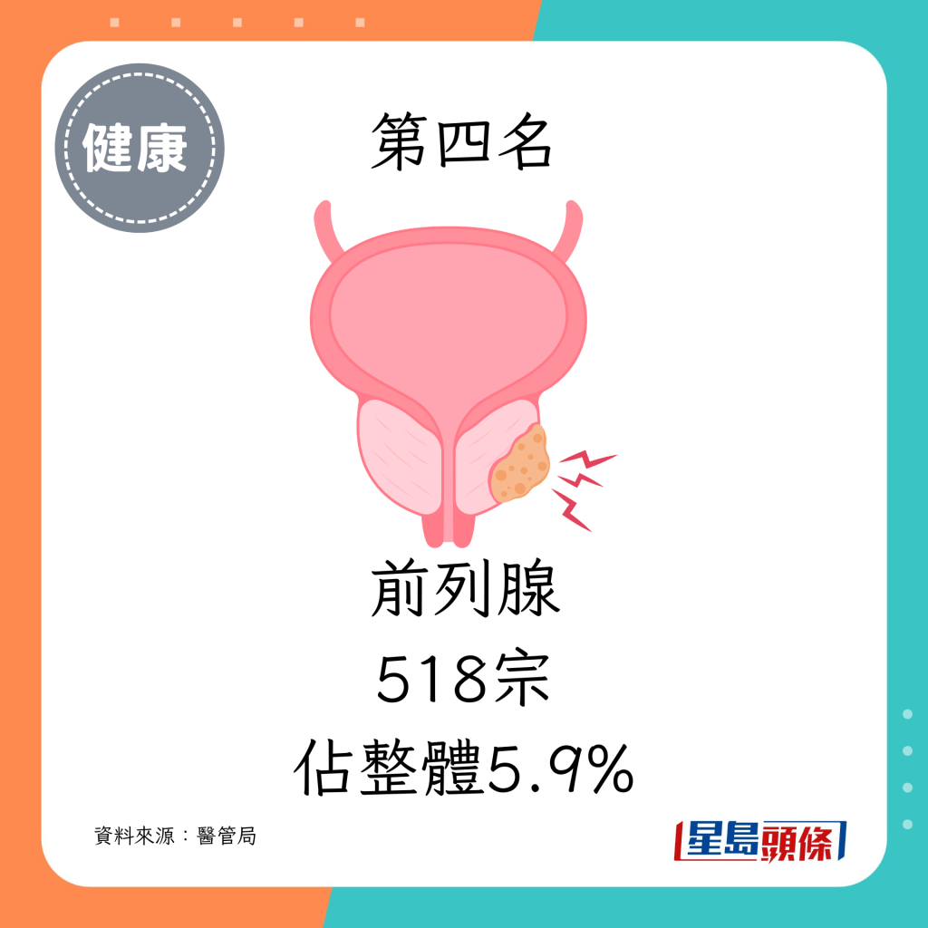 4. 前列腺（518宗，佔整體5.9%）