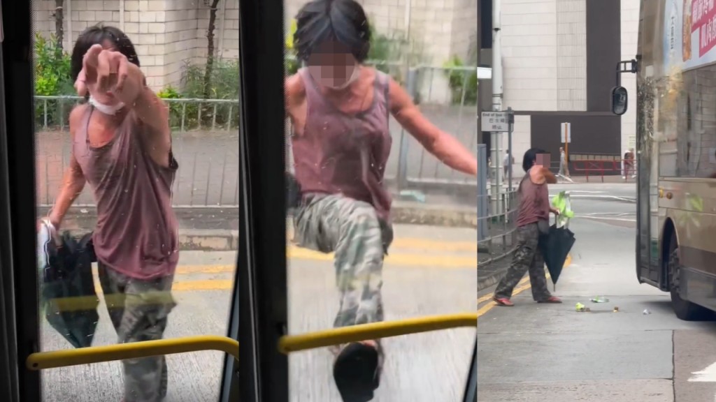 有片｜觀塘背心男攔九巴 爆粗鬧車長乘客 發狂踢打車門兼掟外賣