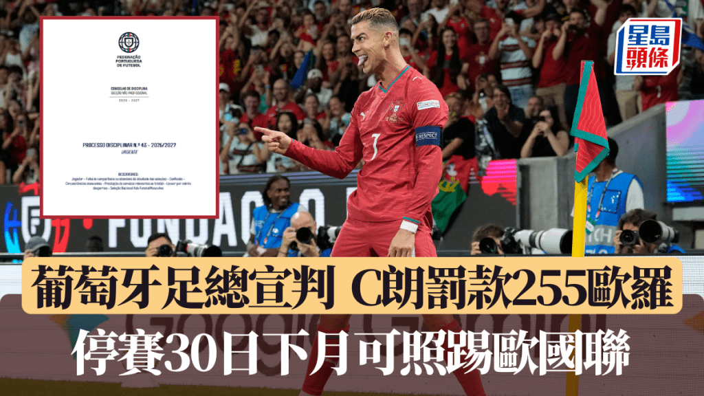 葡萄牙足總宣判，C朗罰款255歐羅和停賽30日。