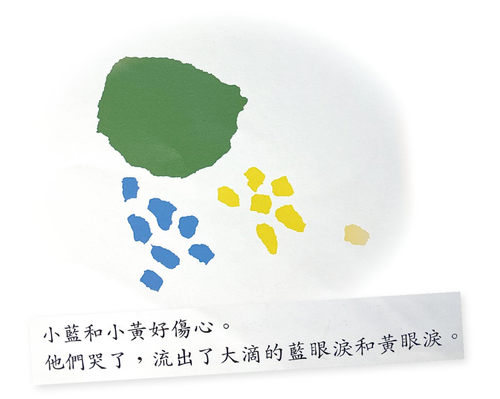 ■請楊瑾即時從繪本找出一幅畫,形容當下的心情,她找來《小藍和小黃》其中兩頁:「 ……好像有點欲哭無淚。」但其實,此書多用作嬰幼兒辨識顏色讀本。 ■請楊瑾即時從繪本找出一幅畫,形容當下的心情,她找來《小藍和小黃》其中兩頁:「 ……好像有點欲哭無淚。」但其實,此書多用作嬰幼兒辨識顏色讀本。