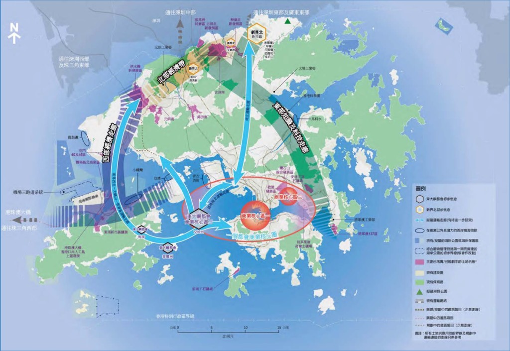 「雙重心布局」包含了「香港2030+：跨越2030年的規劃遠景與策略」研究。陳茂波網誌圖片