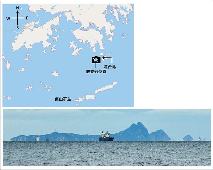 图3 2020年2月16日在香港发生的下蜃景。相片是Conson Leung 在蒲台岛附近的渡轮上面向西南方向时拍摄的。天文台图片