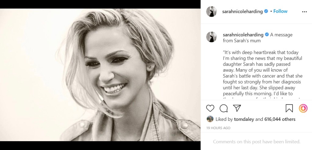 Sarah媽媽於女兒IG公布Sarah死訊。