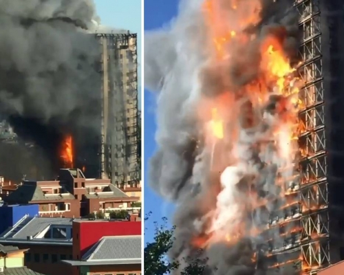 米兰一栋20层住宅大楼发生大火，浓烟冲天。twitter片段截图