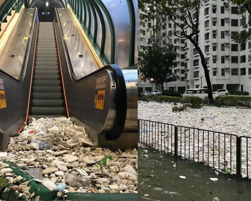 大量發泡膠、膠樽等垃圾湧入屋苑範圍,遍佈道路。fb群組「香港突發事故報料區」