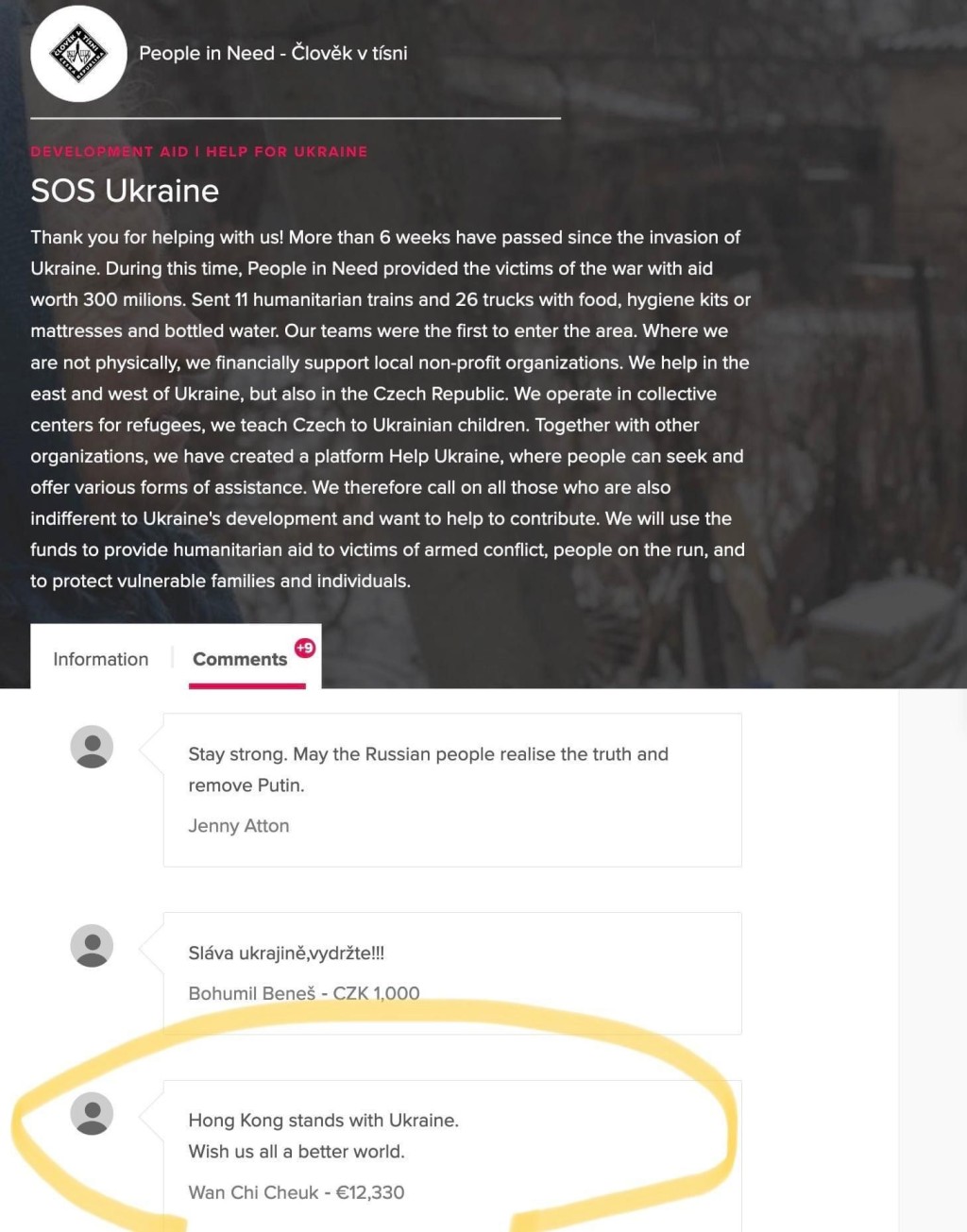 卓韻芝亦有在人道主義組織People In Need「SOS Ukraine」官網留言。