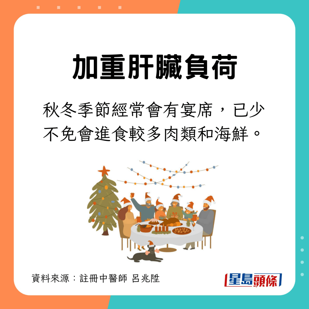 秋冬季節經常會有宴席，少不免會進食較多肉類和海鮮