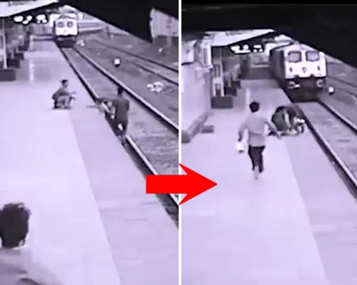 勇救跌落路軌男童，印度車站職員迎駛入月台列車狂奔。