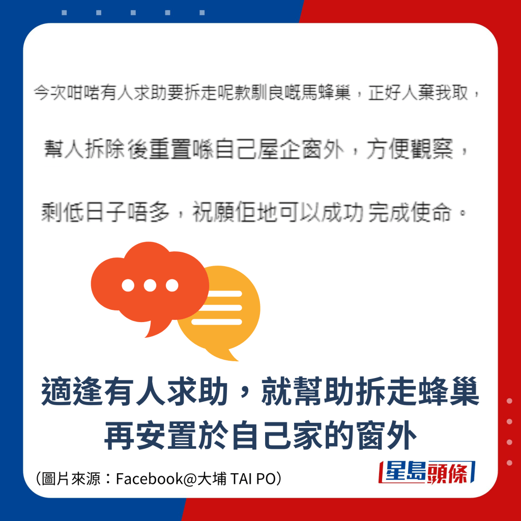 適逢有人求助，就幫助拆走蜂巢再安置於自己家的窗外