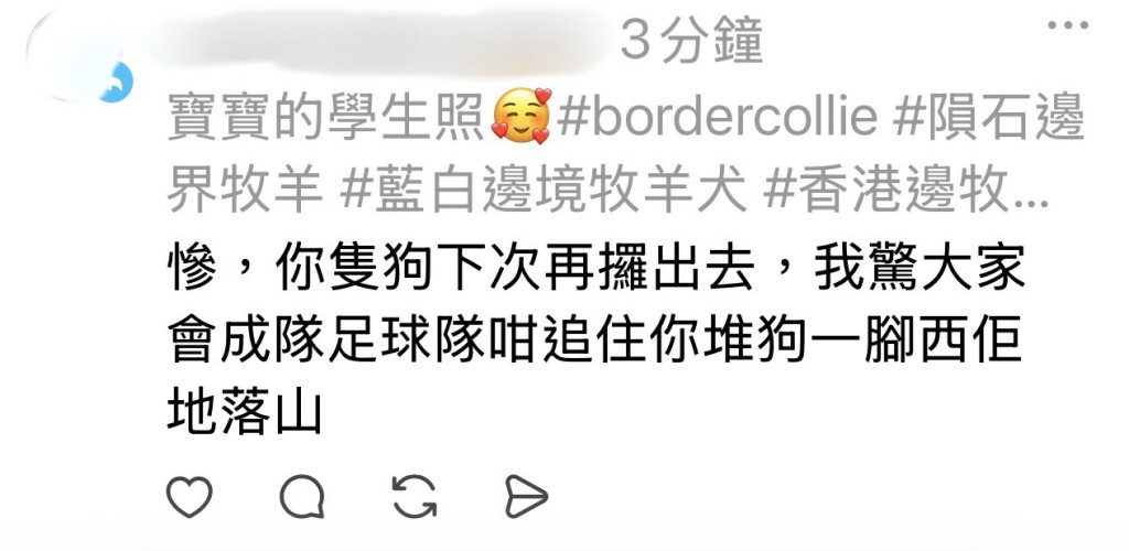 有網民留言，揚言會將Tracy和狗隻一起踢落山。（受訪者提供）