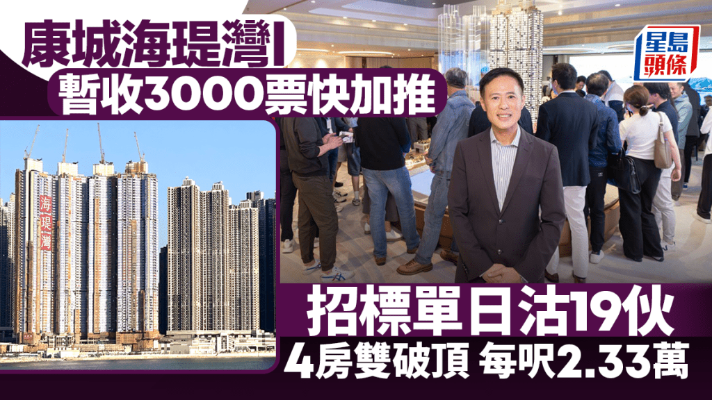 康城海瑅灣I暫收3000票快加推 招標單日沽19伙 4房雙破頂 每呎2.33萬