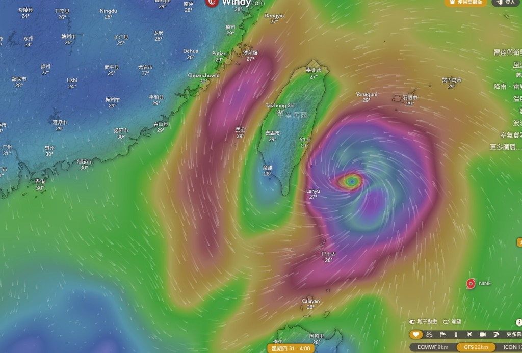 美國全球預報系統（GFS）下午1時仍預測只會移至台灣一帶。（windy截圖）