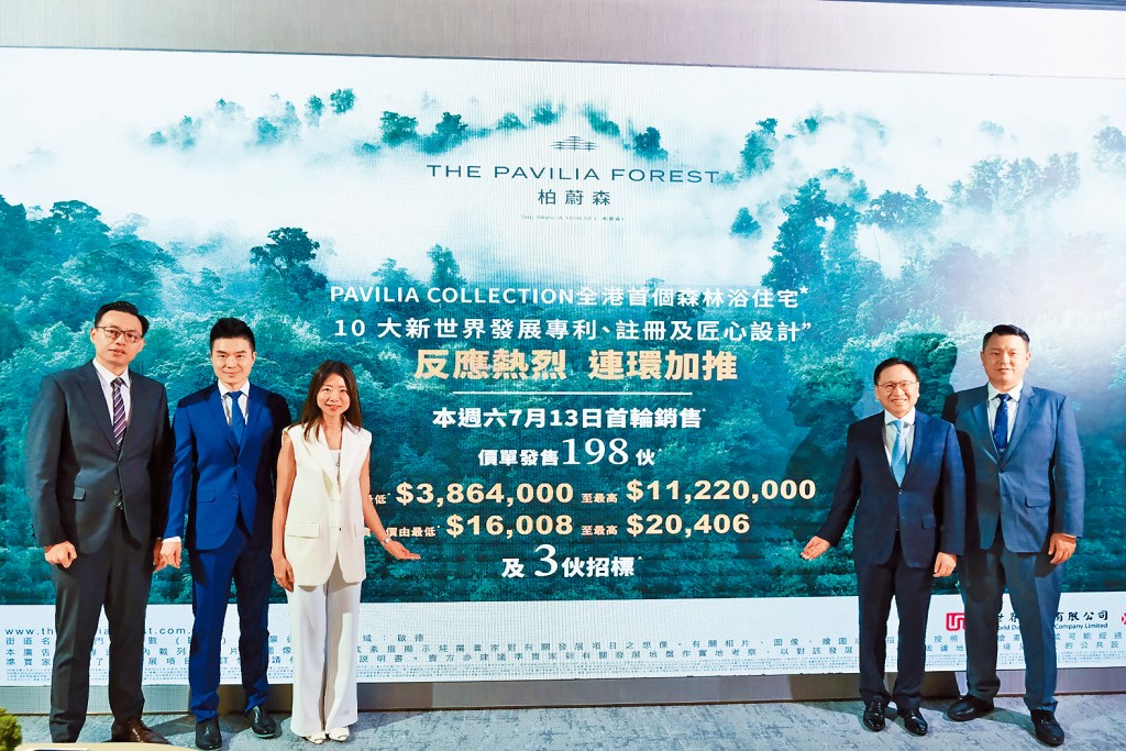 新世界何家欣（左三）表示，柏蔚森I未來加推單位，仍有加價空間。右二為遠東方文昌。