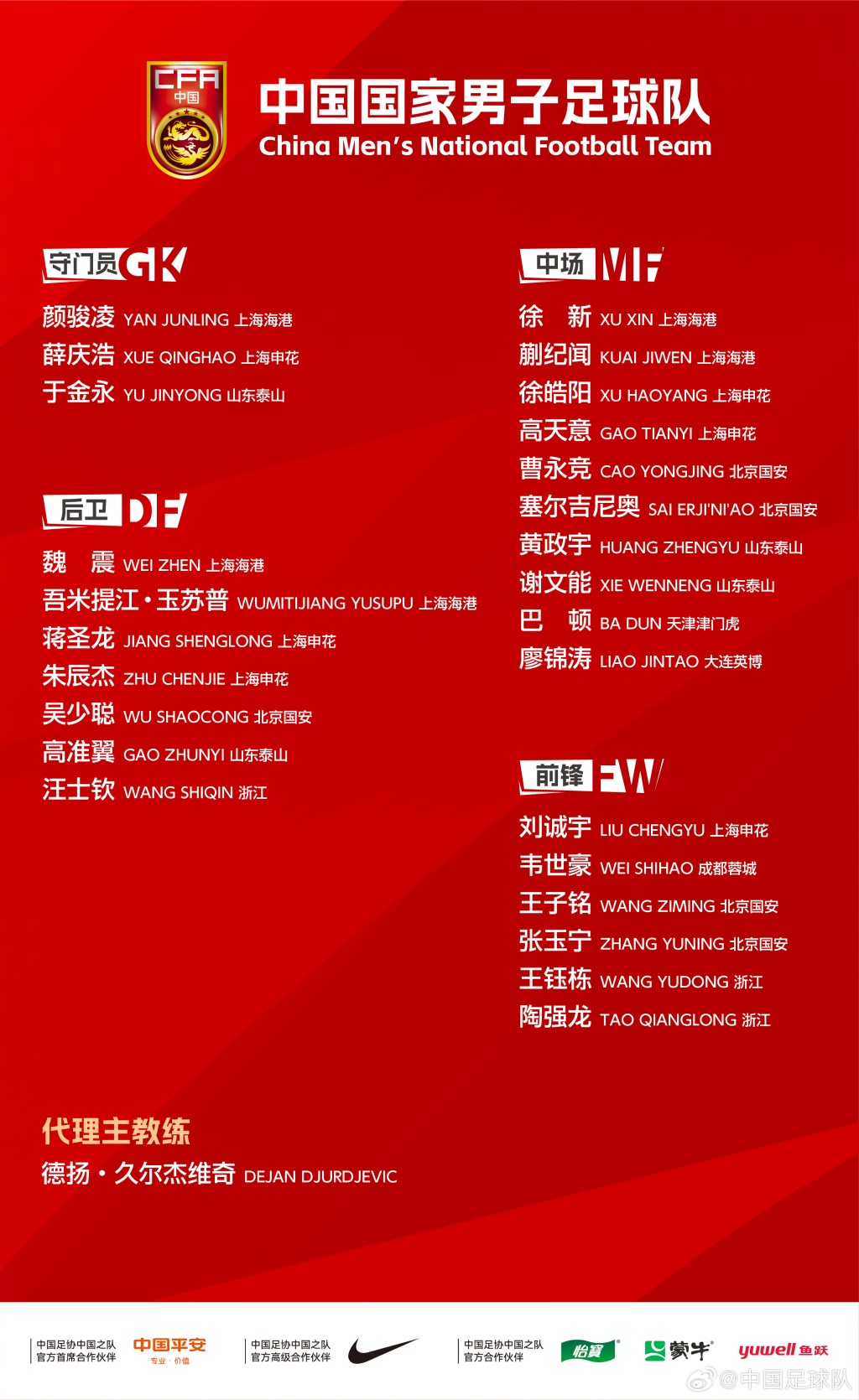 國足大軍名單。中國足協官方微博圖片 國足大軍名單。中國足協官方微博圖片