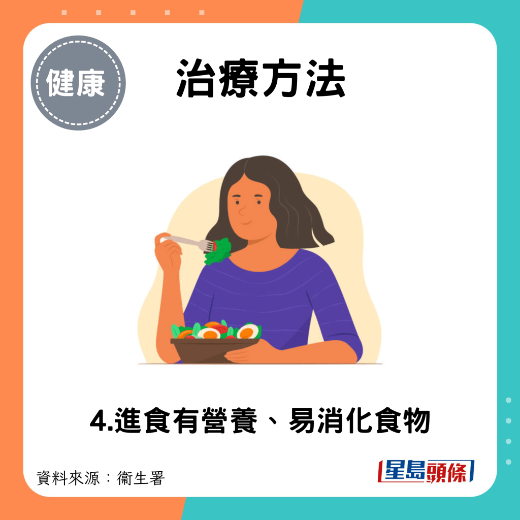 治疗方法：4.进食有营养、易消化食物