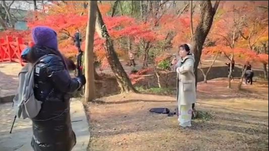 和服女在南京中山植物園被人追罵，要其脫下和服。影片截圖