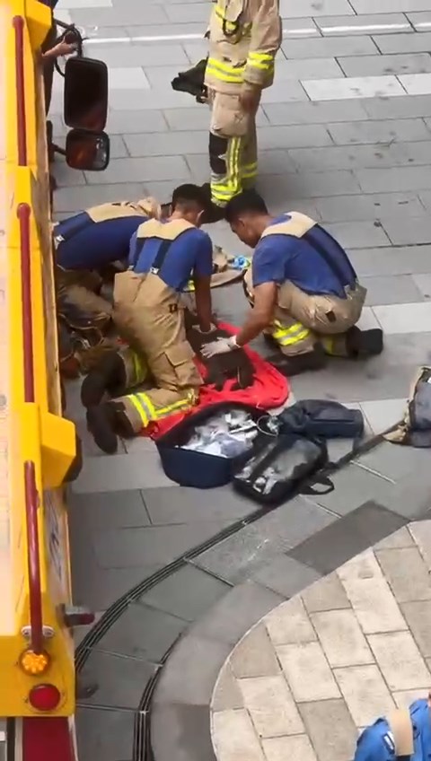 兩批消防員跪在地上替兩隻昏迷貓咪進行心外壓急救,有消防員更不斷撫摸貓貓的身體。網上片段截圖 兩批消防員跪在地上替兩隻昏迷貓咪進行心外壓急救,有消防員更不斷撫摸貓貓的身體。網上片段截圖