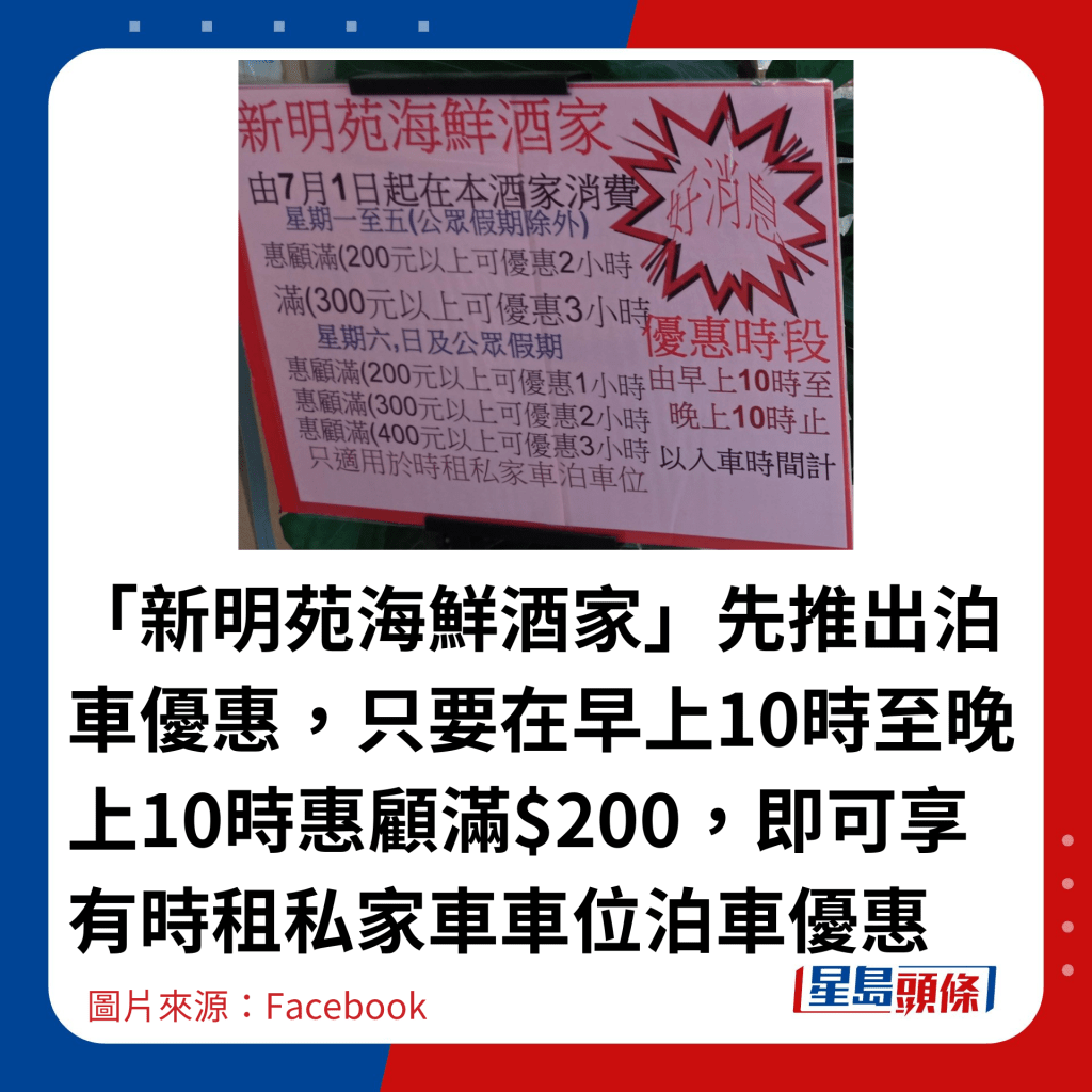 「新明苑海鮮酒家」先推出泊車優惠，只要在早上10時至晚上10時惠顧滿$200，即可享有時租私家車車位泊車優惠