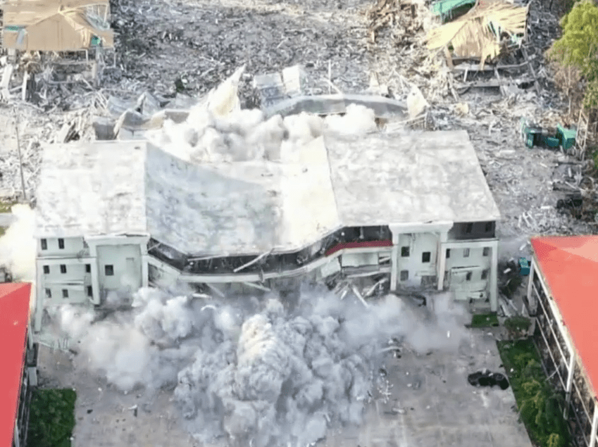 緬甸軍政府公開炸毀KK園區建築物的畫面。  緬甸軍政府