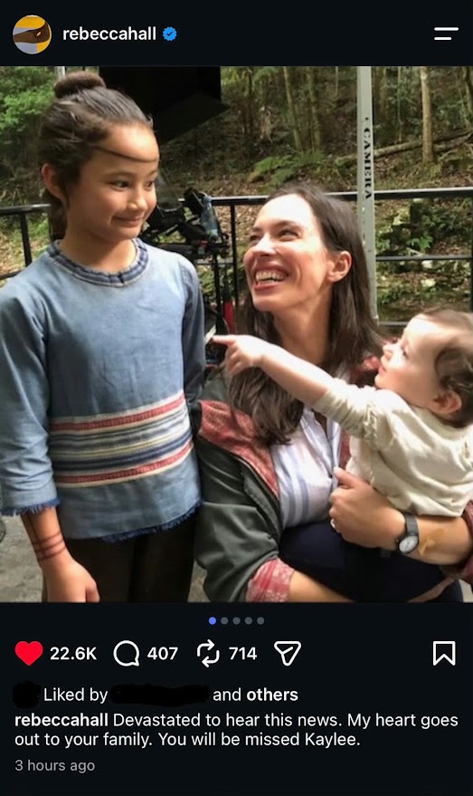 與Kaylee兩度合作的Rebecca Hall在IG發圖輯悼念她。 與Kaylee兩度合作的Rebecca Hall在IG發圖輯悼念她。