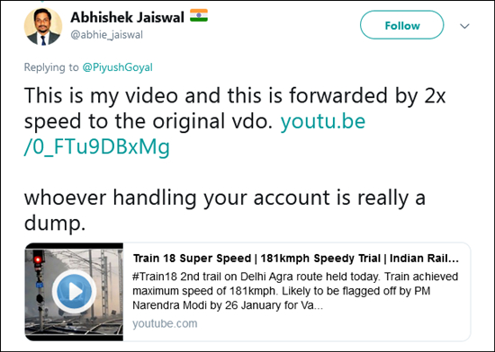 影片原發布者踢爆部長普拉布發布的影片的播放速度,是原先的兩倍。Twitter截圖