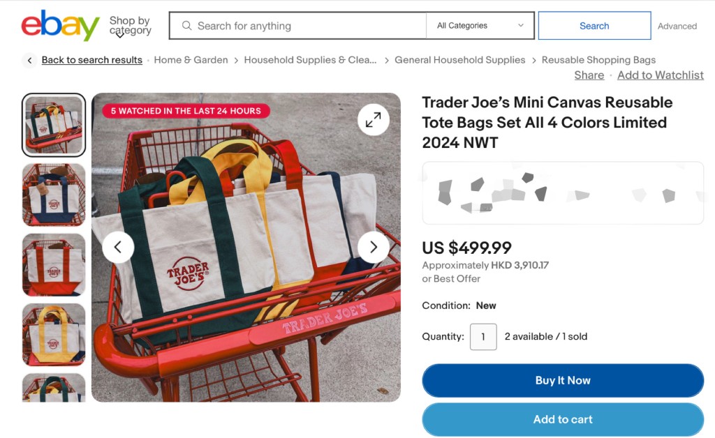 ebay炒價499.99美元一套4色環保袋。