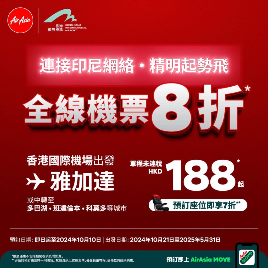 香港直飛雅加達單程未連稅票價低至$188起（圖片來源：AirAsia）