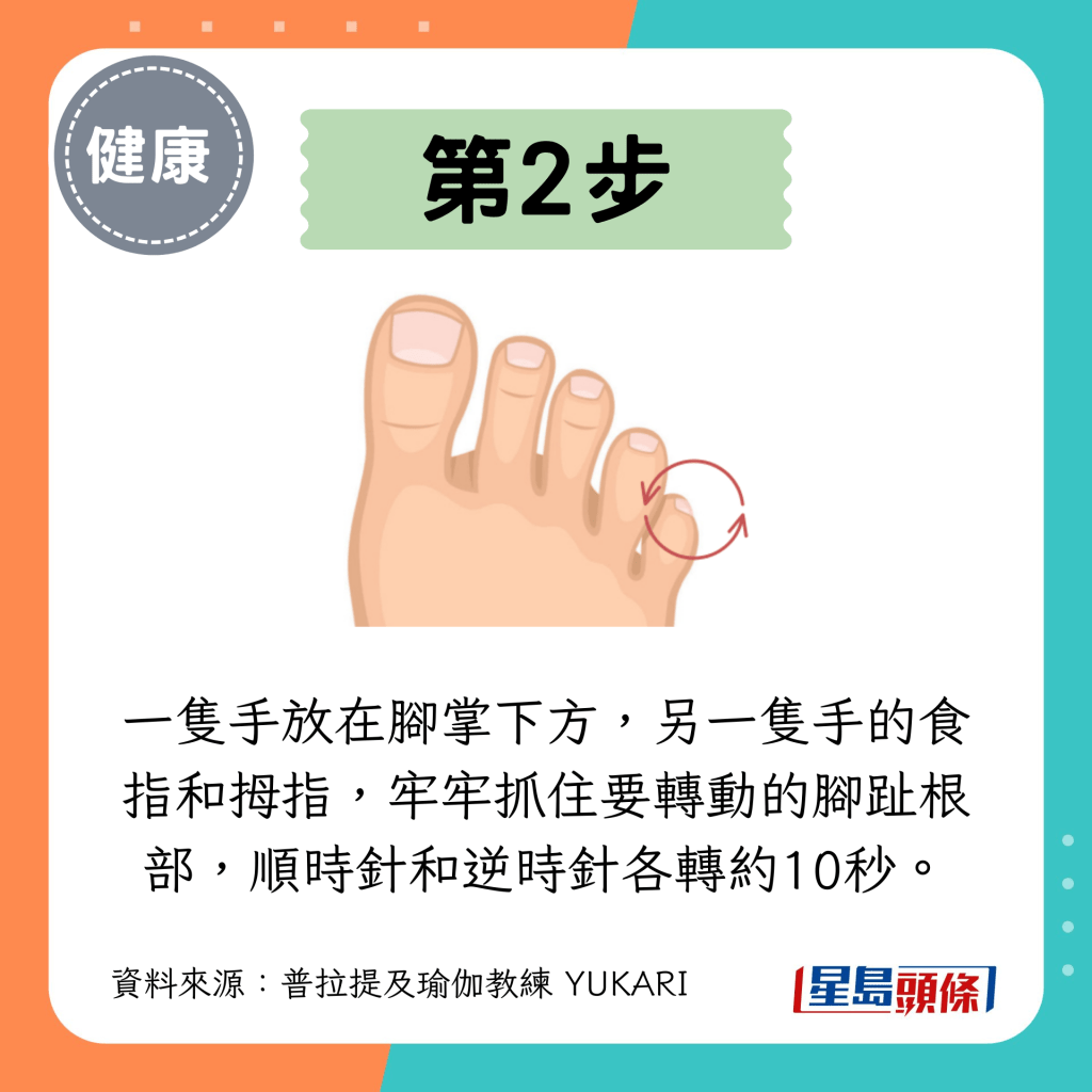 第2步：一只手放在脚掌下方，另一只手的食指和拇指，牢牢抓住要转动的脚趾根部，顺时针和逆时针各转约10秒。