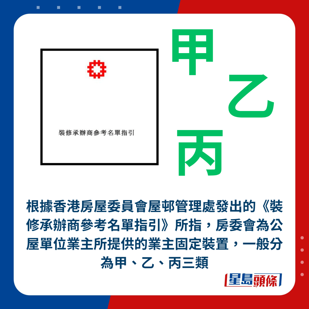 根據香港房屋委員會屋邨管理處發出的《裝修承辦商參考名單指引》所指，房委會為公屋單位業主所提供的業主固定裝置，一般分為甲、乙、丙三類