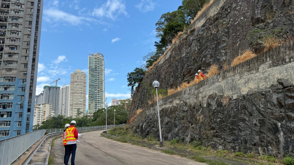 路政署人员视察南区地势，研究克服困难的方案。陈美宝网志图片