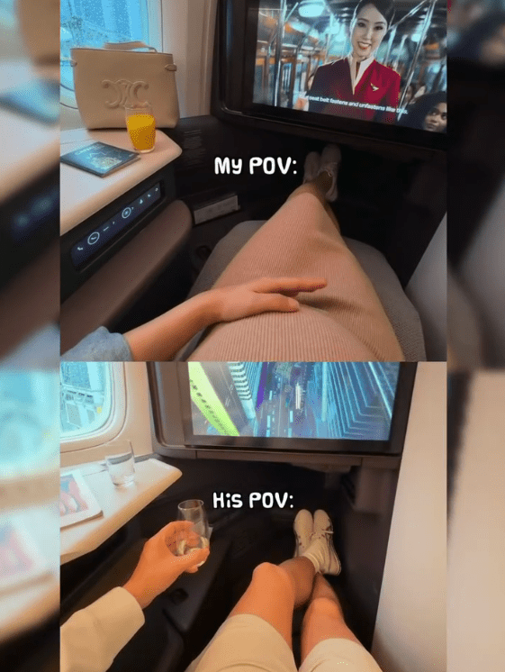 從「My POV」與「His POV」可見，黃碧蓮懷著寶寶在商務艙享受果汁，而老公則在一旁喝著香檳，視角充滿愛意，羨煞旁人。