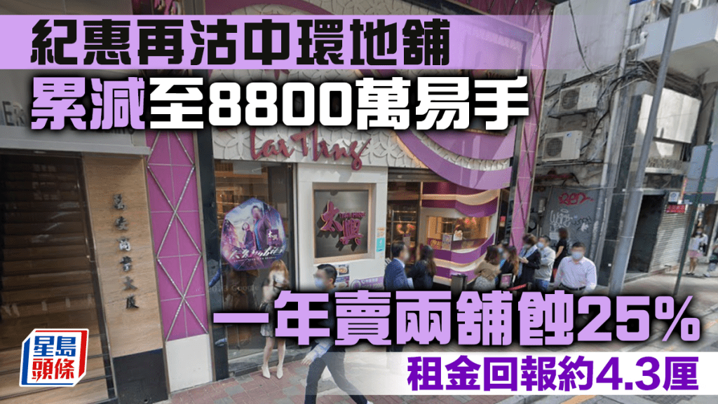 紀惠再沽中環地舖 累減至8800萬易手 一年賣兩舖蝕25% 租金回報約4.3厘