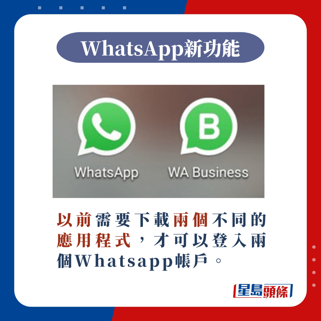 以前需要下載兩個不同的應用程式，才可以登入兩個Whatsapp帳戶。