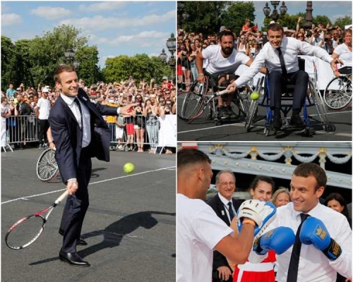 圖左，馬克龍穿著西裝打網球。AP