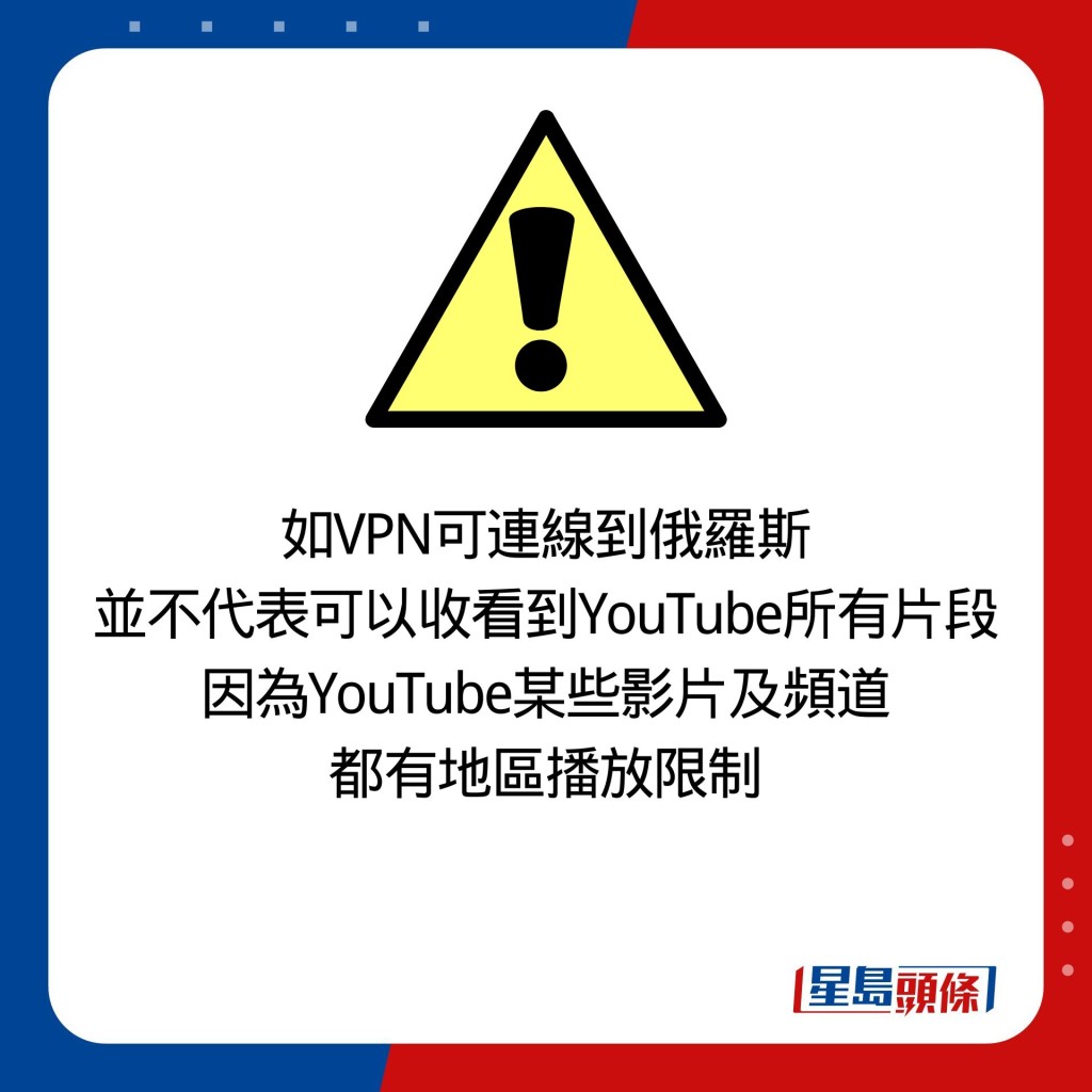 如VPN可連線到俄羅斯 並不代表可以收看到YouTube所有片段 因為YouTube某些影片及頻道 都有地區播放限制