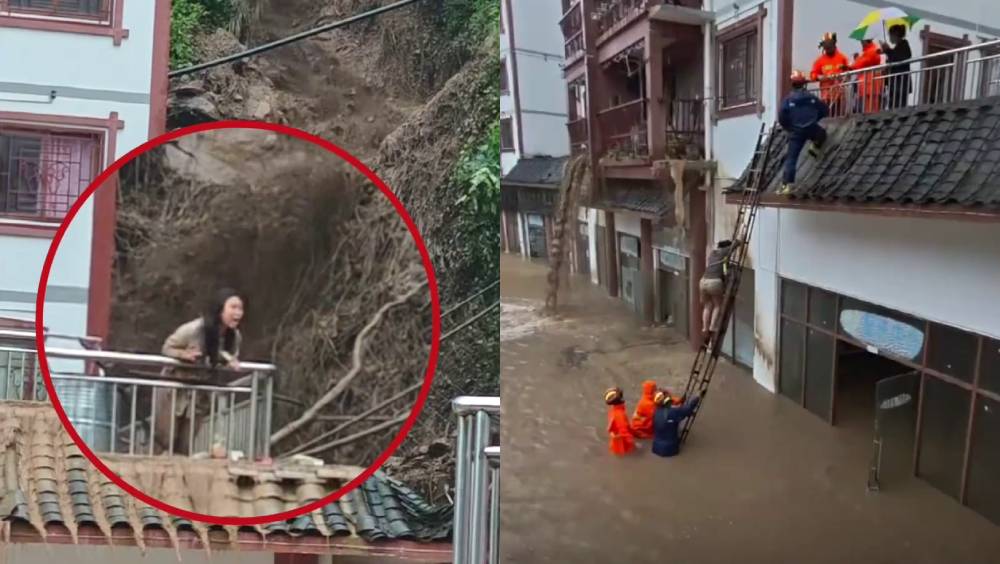 貴州雷山山洪衝入居民樓，女住戶受困陽台嗌救命。
