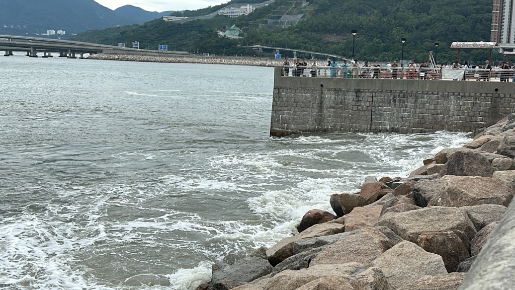 逾百市民在將軍澳海濱感受​樺加沙威力。林思明攝