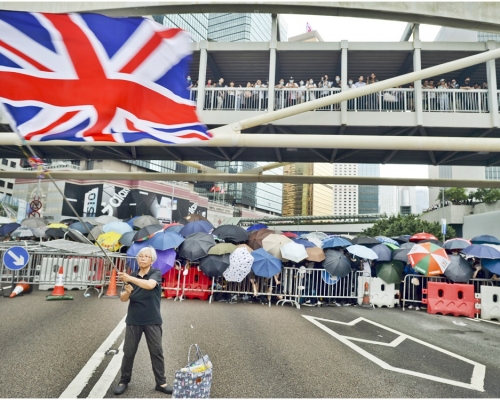 「王婆婆」之前經常在示威現場揮動英國國旗。資料圖片